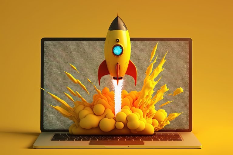 Rocket Laptop Yellow Background Startup Concept Digital Illustration Ai